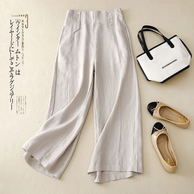 

Брюки Limiguyue женские с двумя пуговицами, офисные льняные винтажные повседневные штаны до середины икры, с широкими штанинами, с завышенной талией, U347, весна-лето