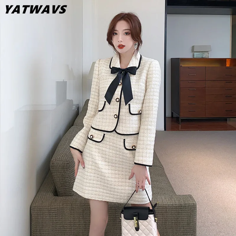 

Женский твидовый костюм из двух предметов, короткая куртка с бантом на воротнике и трапециевидная мини-юбка, комплект из двух предметов, Осень-зима