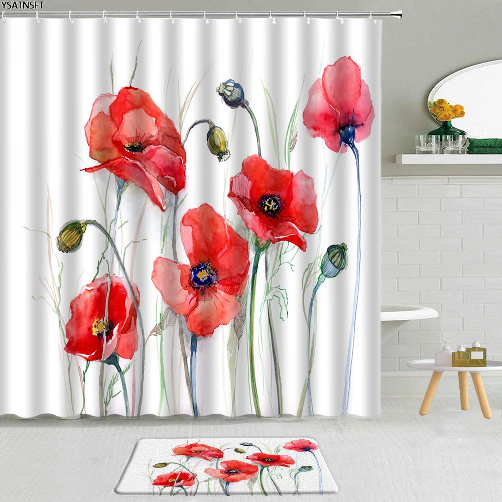 

Poppy Flower Shower Curtain Bathroom 2pc Set Polyester Fabric Bathroom Curtain Floral Decor Non-slip Bath Mat Toilet Carpet Rugs