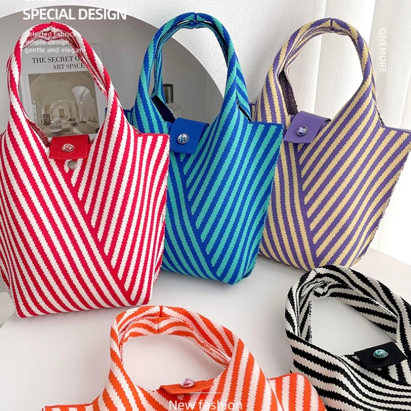 

New Hot Selling Fashion Contrasting Ripple Knitted Colorful Pink Stripe Women's and Girls' Large Capacity Bag Handbag