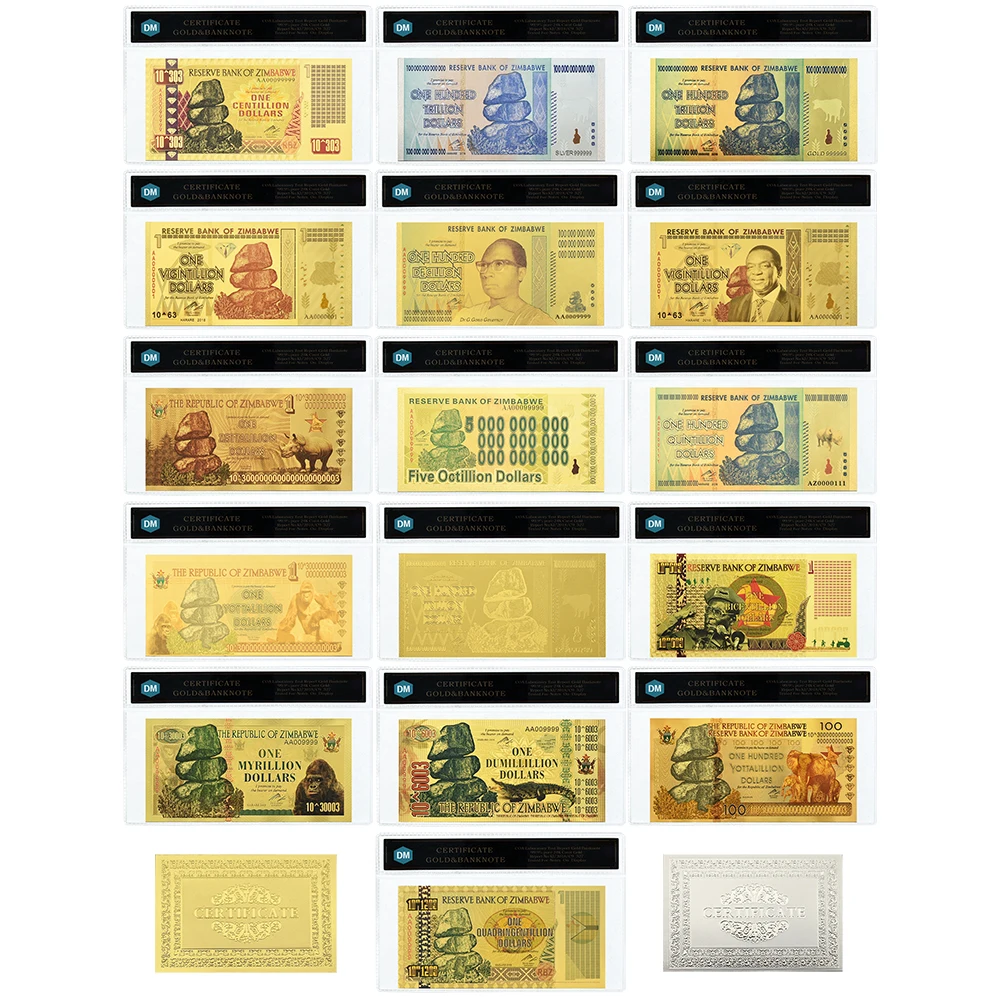 

10pcs/set 16 Style Zimbabwe Gold Foil Banknotes with UV Anti-counterfeiting Logo COA Certificate Card Holder Collection Gift