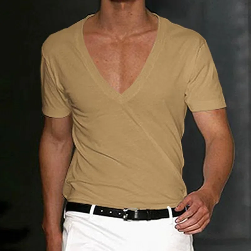 

A2524 Men T-shirt Shorts Sleeve Deep V-Neck Tops Solid Color Oversized Tees Men Streetwear Loose Pullover T Shirts Spring