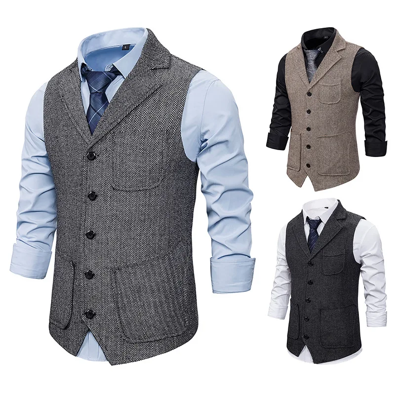 

Men's Suit Vest Black Herringbone Tweed Male Gentleman Business Waistcoat Dark Gray Men Clothing Vest For Men Wedding Vest 2022