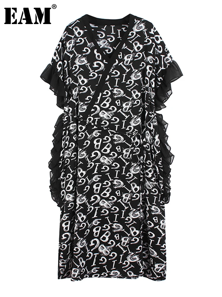

[EAM] женское черное длинное платье с буквенным принтом, большой размер, новинка, v-образный вырез, короткий рукав, свободный крой, весна-лето ...