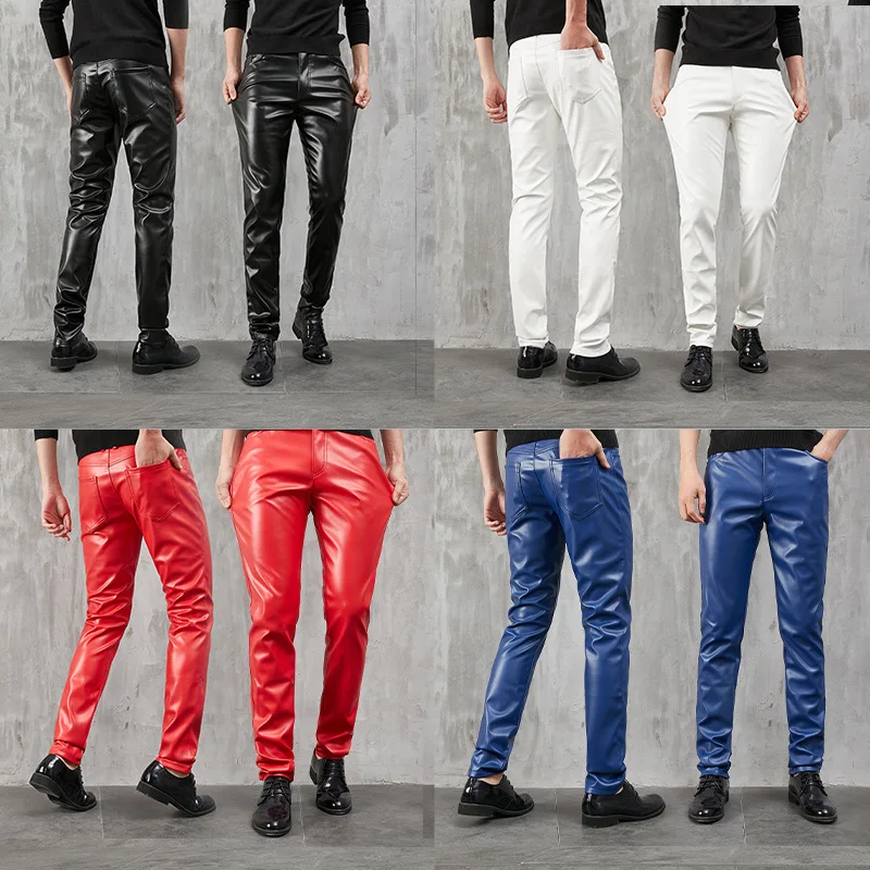 2023 Spring And Autumn New Men's Stretch Leather Pants Slim Fit Trend Tight Casual Trousers For Men PU