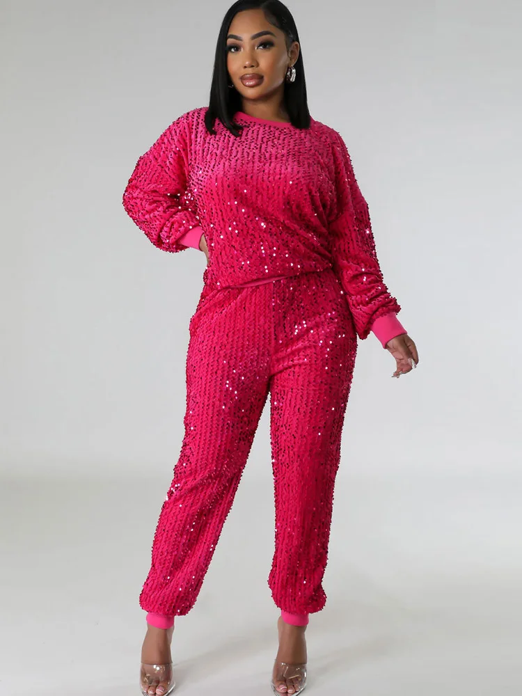 

New in Autumn Winter Glitter Sequins Women Sexy Joggers Tracksuit O Neck Velvet Pants Two-Piece Set Night Club Birthday Outifts
