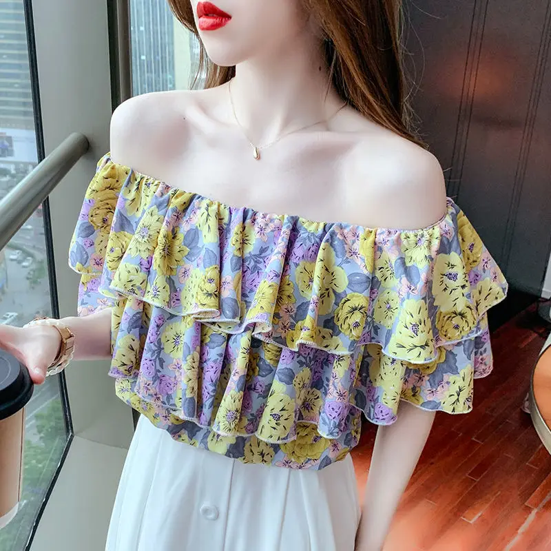 

Женская шифоновая блузка с коротким рукавом, с оборками и открытыми плечами