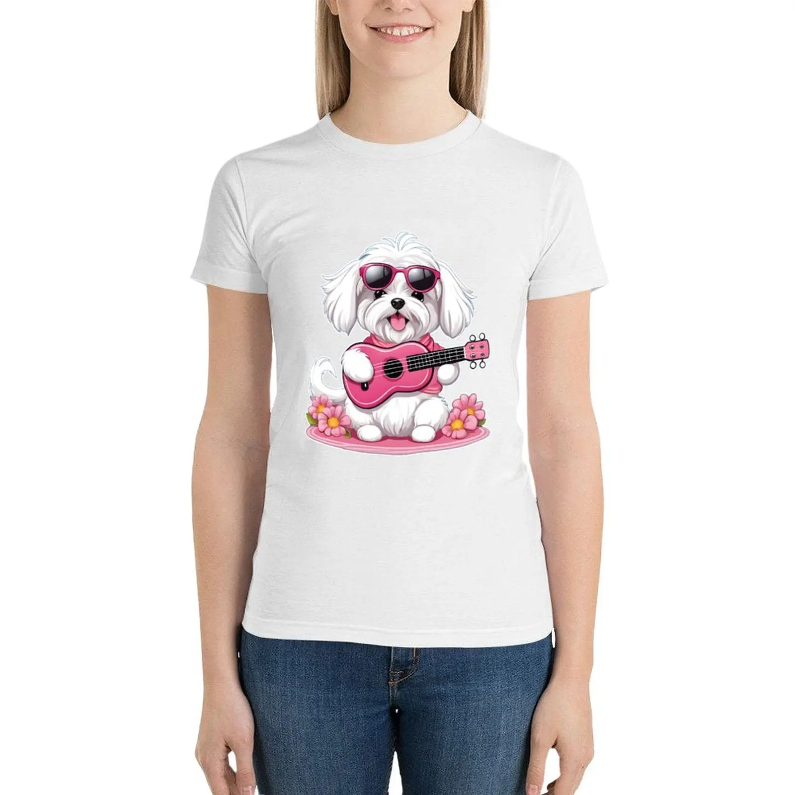 Милая Детская Мальтийская футболка с розовыми оттенками и гитарой милая одежда