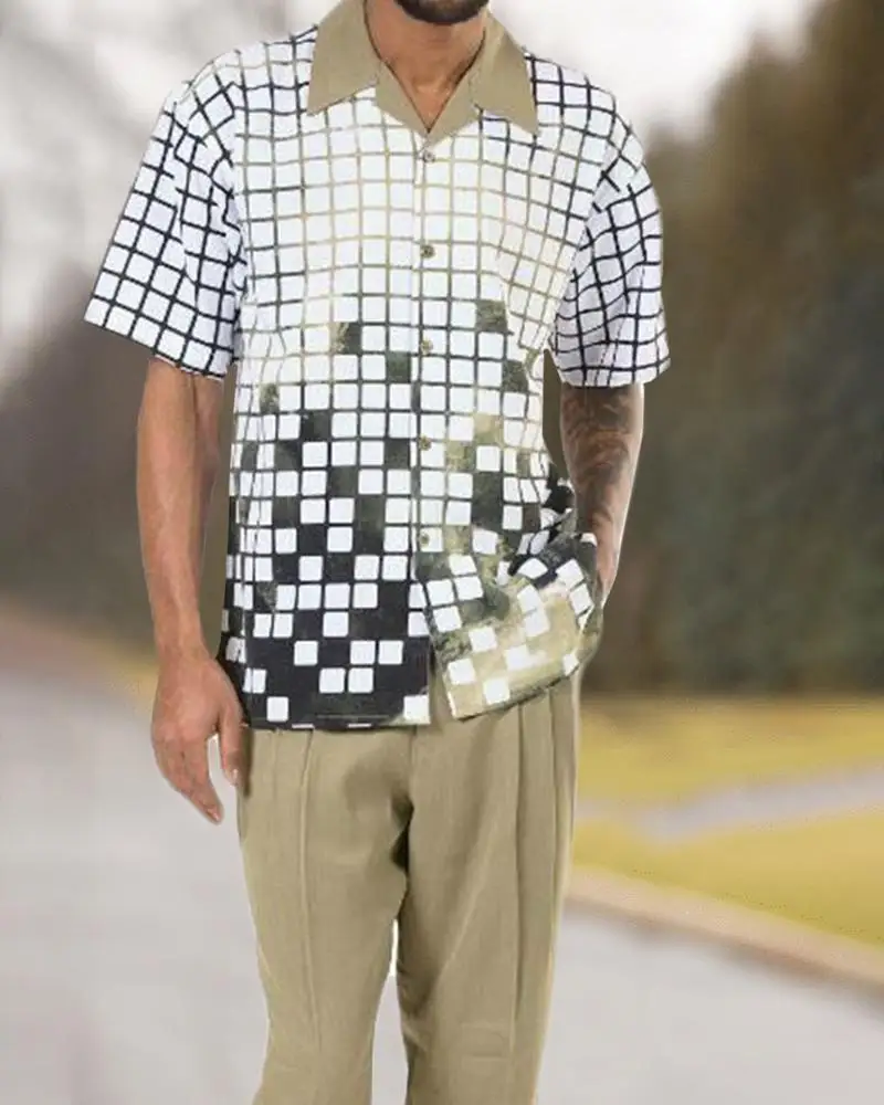 Shirt suit 2023 men's walking short-sleeved shirt+suit pants two-piece street outdoor leisure V-neck suit men's travel suit 4XL