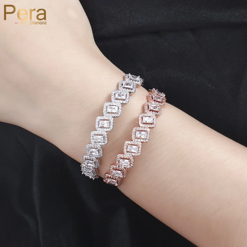 

Pera Fashion Adjustable Size Jewelry Big Geometric Shape Cubic Zirconia Luxury White and Rose Gold Color Bangles for Lover Z019