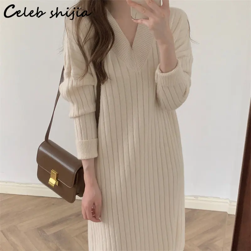 

Autumn Apricot Knitted Dress Women 2022 V-neck Oversized Chic Soft Wool Vestido Pullover Coffee Elegant Winter Knitwear