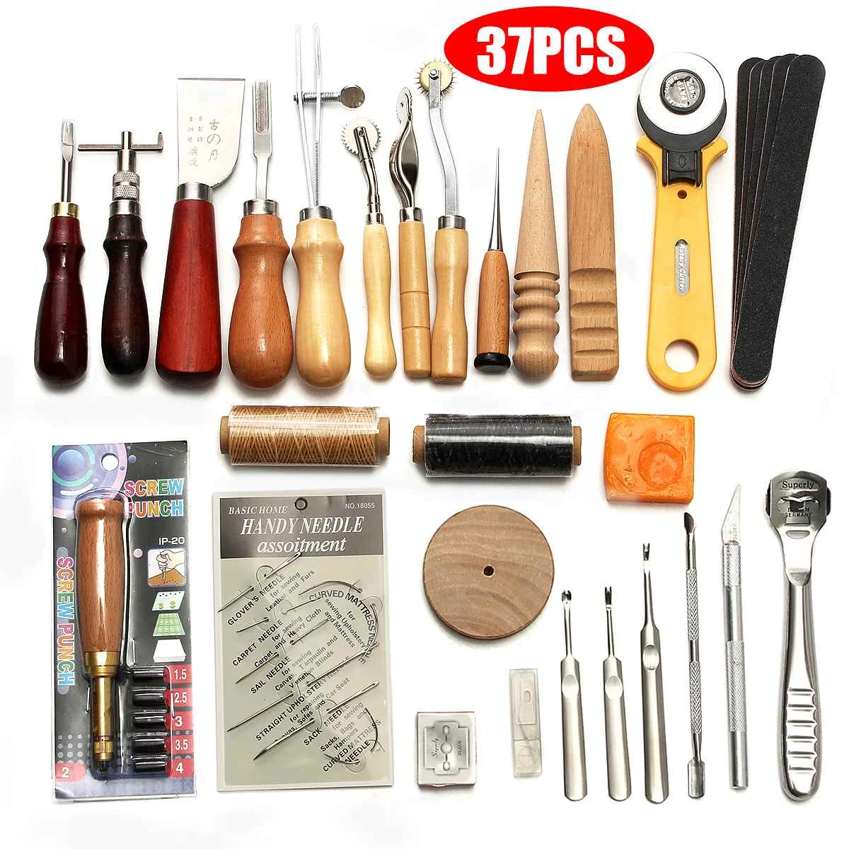 

37pcs KiWarm Professional Leather Craft Tools Kit Hand Sewing Stitching Punch Carving Work Saddle Leathercraft Accessories DIY