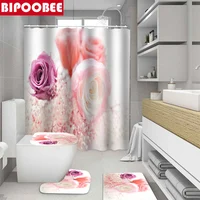 Beautiful Flower Rose White Shower Curtain Bathroom Curtains Set Bath Mats Rugs Pedestal Non-Slip Carpet Toilet Cover Home Decor