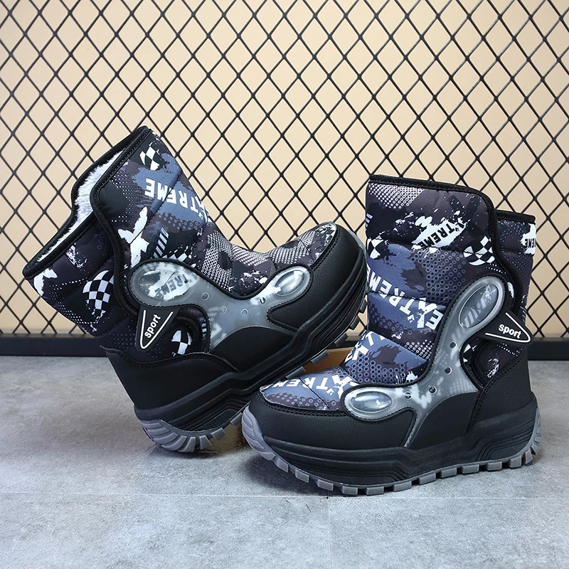 

Winter Kids Boots Plus Warm Velvet Boy Snow Booties Cotton Lining Waterproof Children Leather Shoes Outdoor Activity Supplies