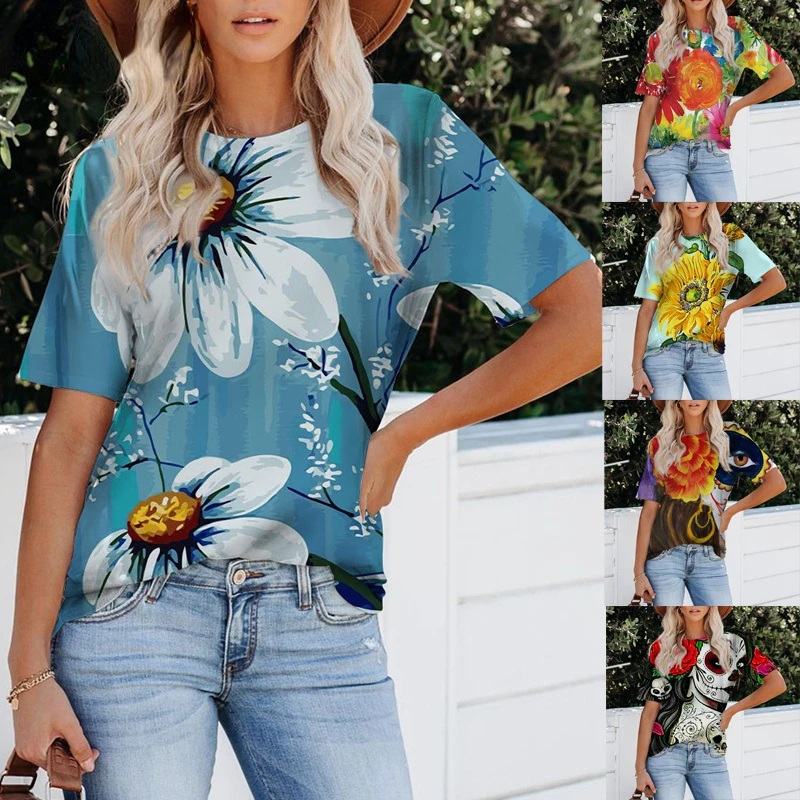 

Summer Lady Casual Loose Round Neck T-shirt Women Flower Pattern Printing Clothes Female Plus Size Harajuku Tops