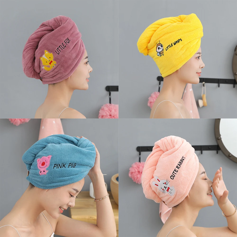 Women Thicken Absorbent Shower Cap Coral Fleece Cute Animal Embroidery Quick-dry Turban Bathroom