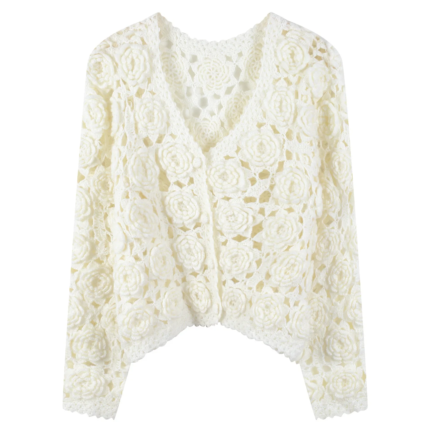 

Korean Trendy Handmade Rose Crochet Cardigans for Women Sweater Coat Knitting Crop Tops V-Neck Hollow Out Cardigan Y2k Clothing