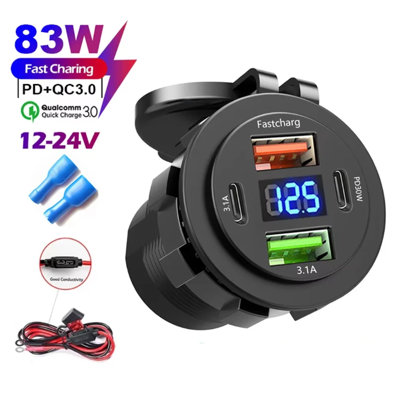 

НОВОЕ 4-портовое автомобильное зарядное устройство с двумя портами PD Dual QC 3.0 USB с розеткой вольтметра, водонепроницаемый адаптер для автомобильной лодки 12 В/24 В