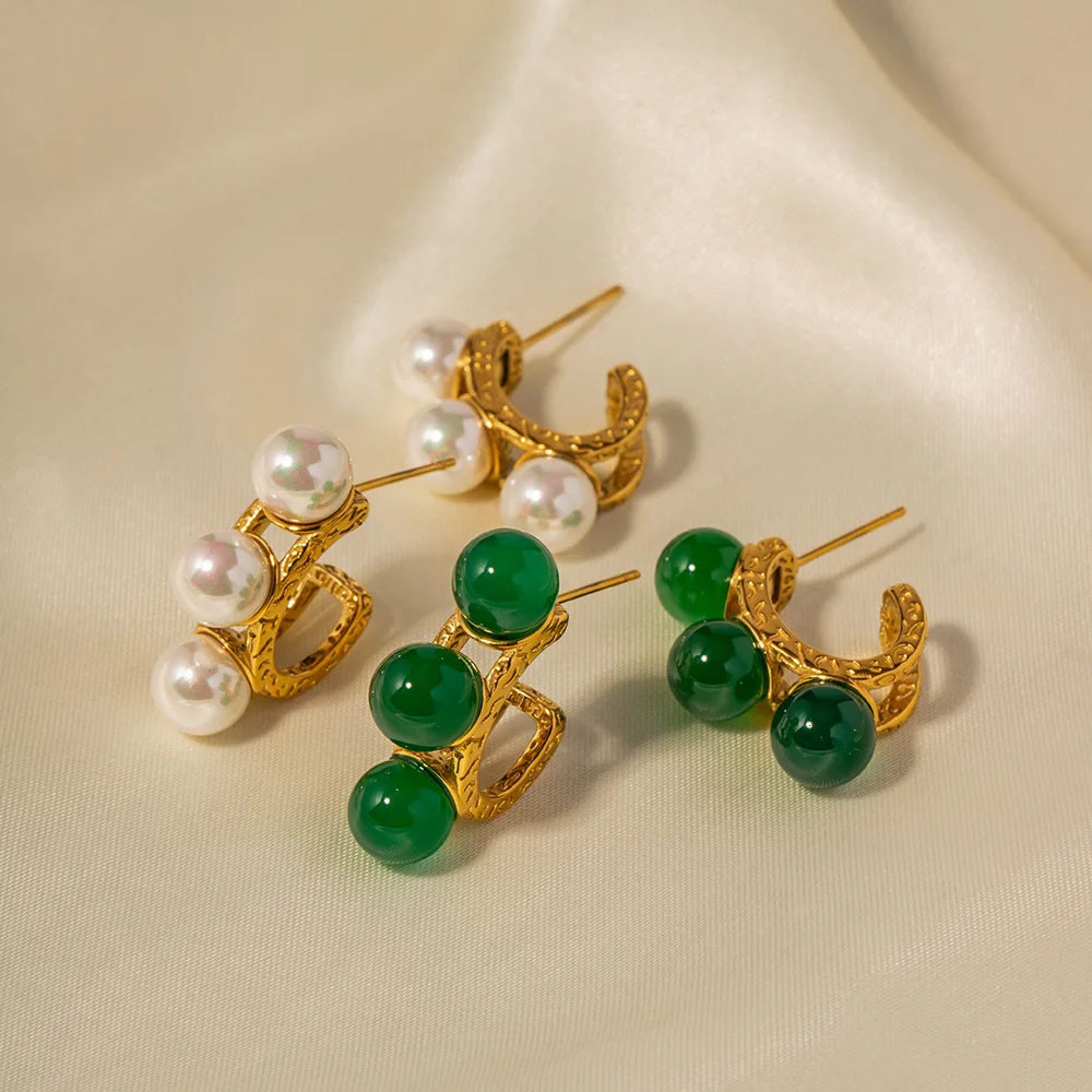 

DEAR-LIFE Fashion vintage hammered inlaid green onyx/pearl earrings light luxury earrings women's accessories