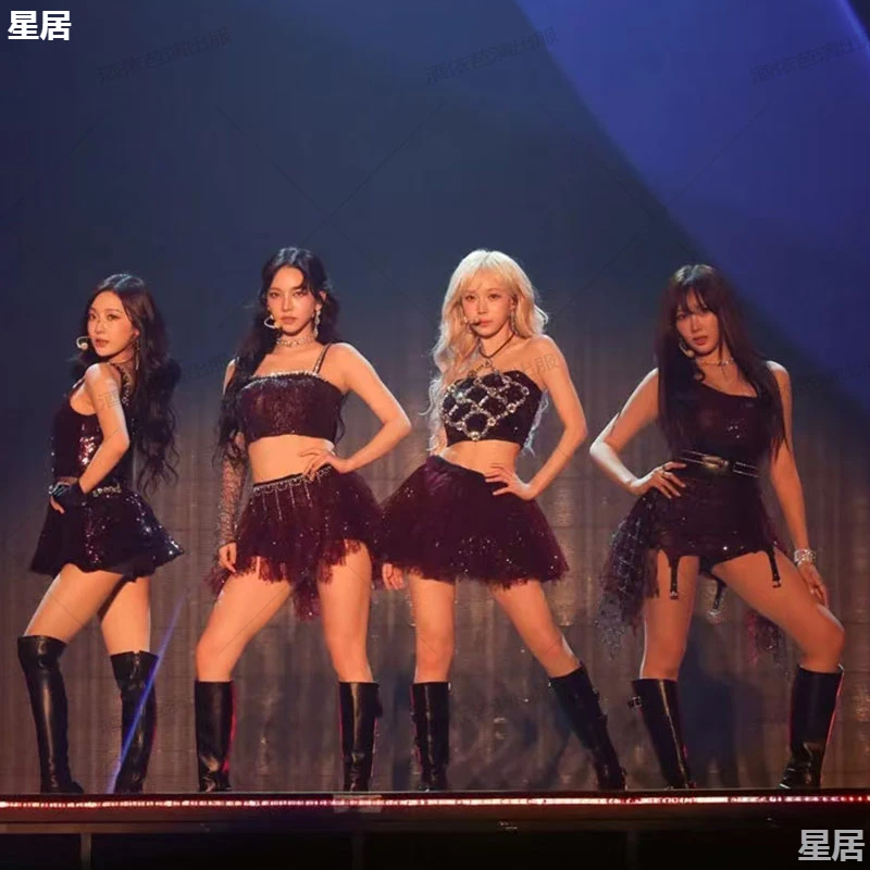 Новая женская группа Kpop сценические наряды сексуальные черные блестящие топы на