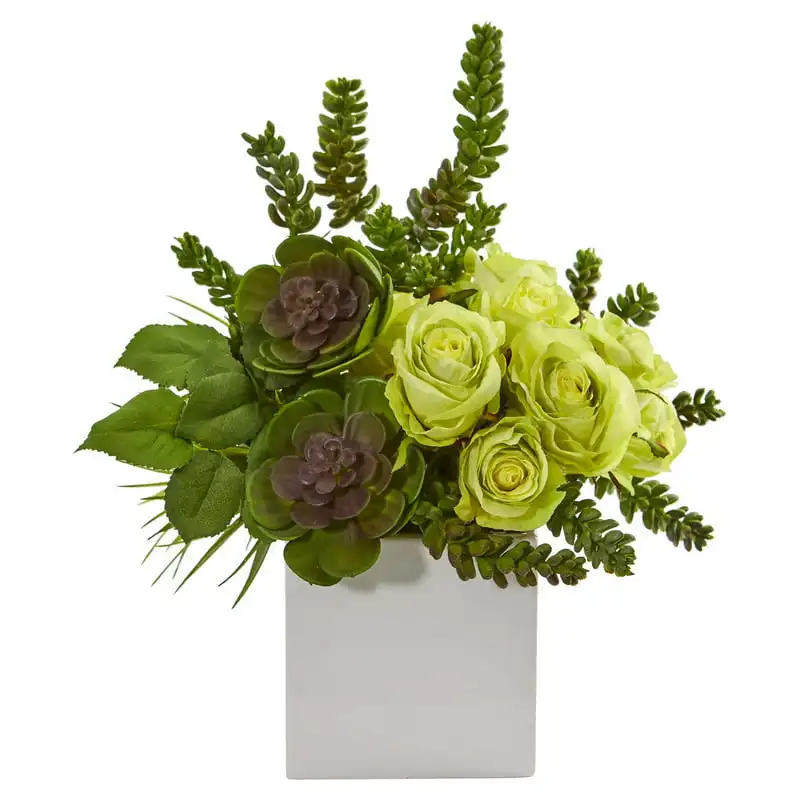 

14" Rose & Succulent Artificial Flower Arrangement in White Vase