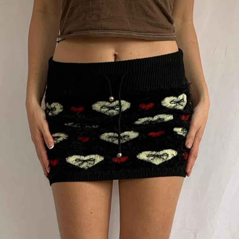 

Винтажная юбка-карандаш в стиле преппи в стиле ретро Y2K Fiarycore трикотажная Мини-юбка с милым рисунком сердца для E-Girl облегающая юбка с запахом