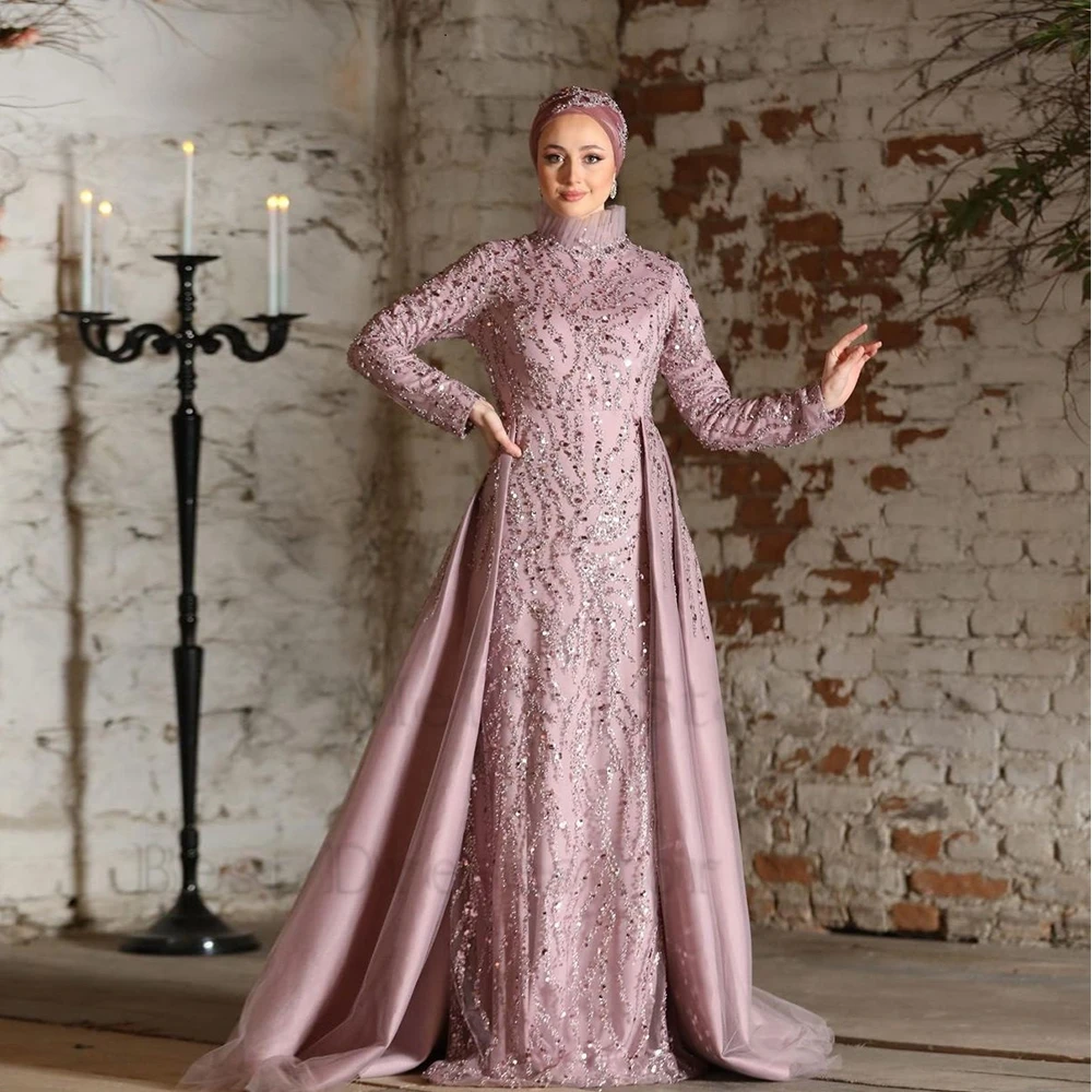 

Pink High Neck Evening Dresses for Women Full Sleeve Prom Gowns with Sequined 2023 Summr New Satin Robe De Soirée