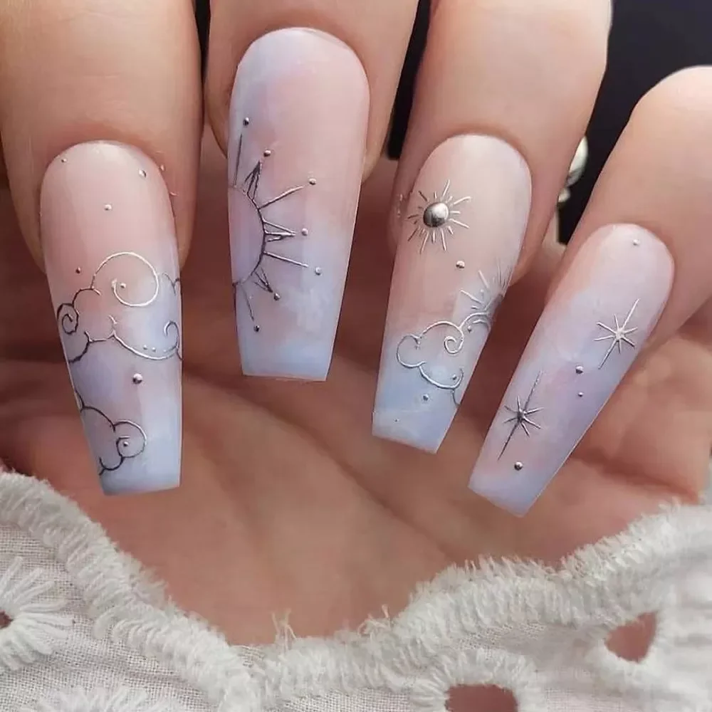 

24Pcs Gradient Long Ballet False Nails Simple Constellation Pattern Design Wear Fake Nails Press On Nails Full Cover Nail Tips