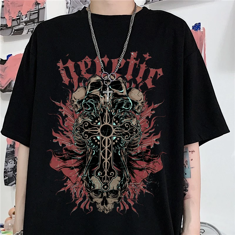 

Summer Goth MenT Shirt Horror Skull Loose T-shirt Punk Dark Grunge Streetwear Gothic Top Female T-shirts Harajuku Y2k Clothes