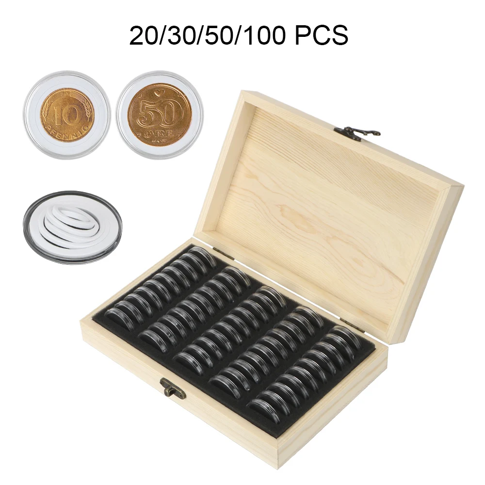 

20/30/50/100pcs Coins Storage Box Antioxidative Wooden Commemorative Coin Collection Case with Adjustment Pad Coins Organizer