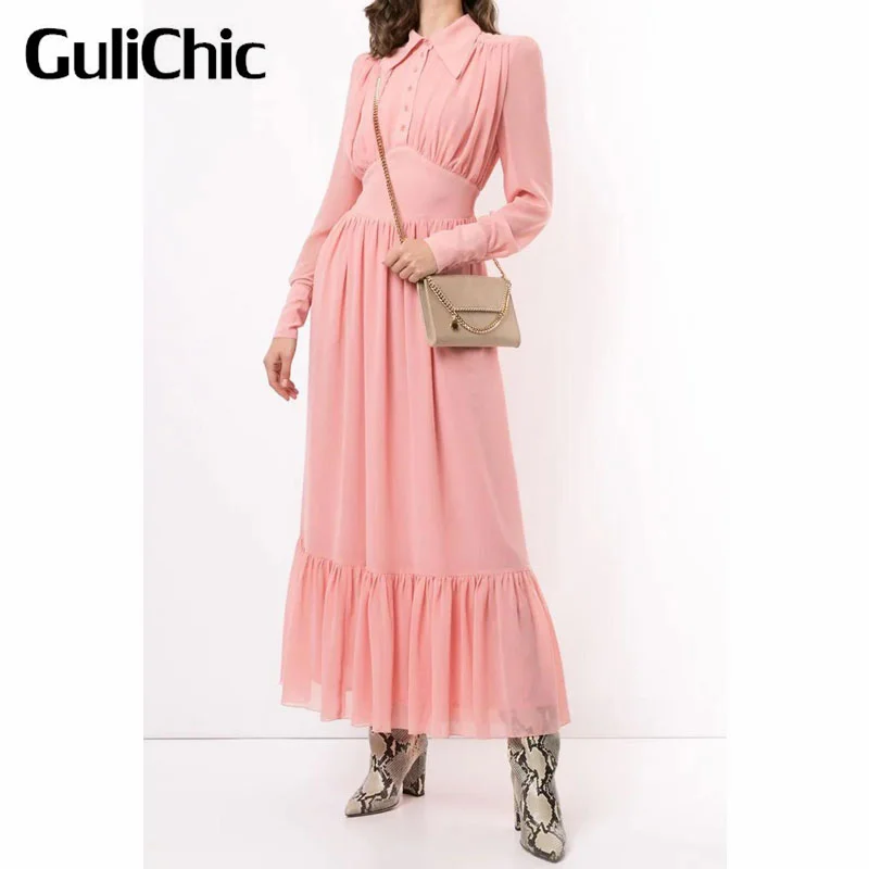 

7.5 GuliChic Women Temperament Turn Down Collar Lantern Sleeve Solid Color Collect Waist Spliced Loose Elegant Long Dress
