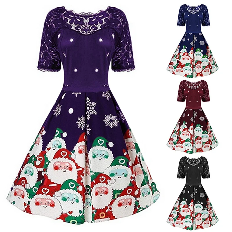 

Santa Snowman Print Snowflake Lace Stitching Dress Puffy Long Skirt
