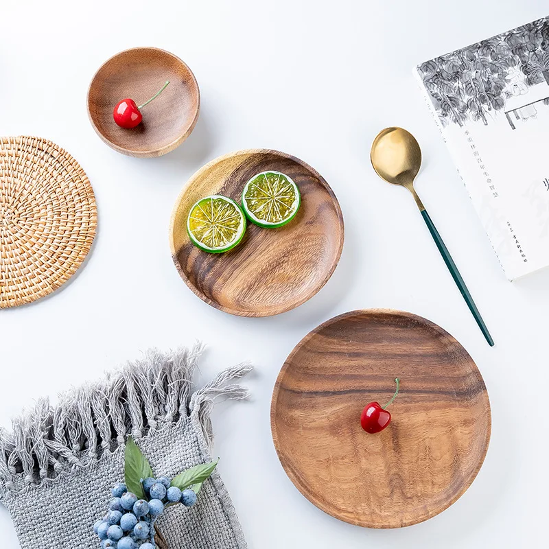 Деревянные обеденные тарелки домашний Круглый Кофейный поднос из массива дерева