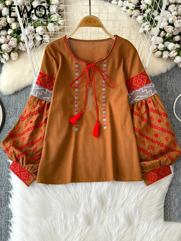 EWQ винтажный стиль дизайн вышивки женская блузка на шнуровке воротник-фонарики