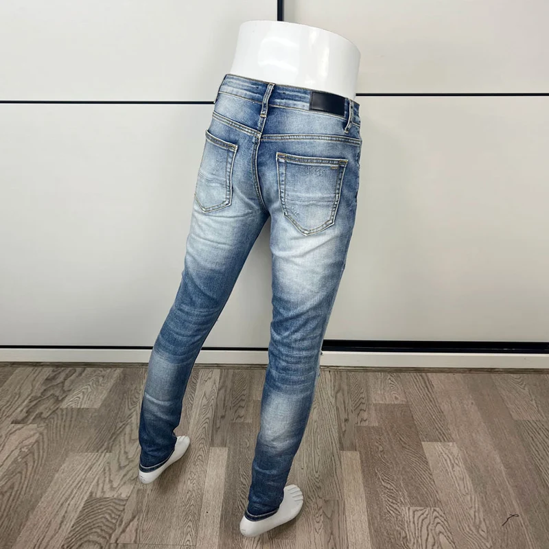 Street Fashion Men Jeans Retro Blue Elastic Stretch Slim Fit Hole Ripped Jeans Men Patched Designer Hip Hop Denim Pants Hombre