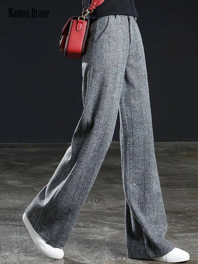 

Namou Drane 2022 New Herringbone Tweed Wide-leg Trousers for Women Loose, Thick, High-waisted Slim Casual Trousers for Women