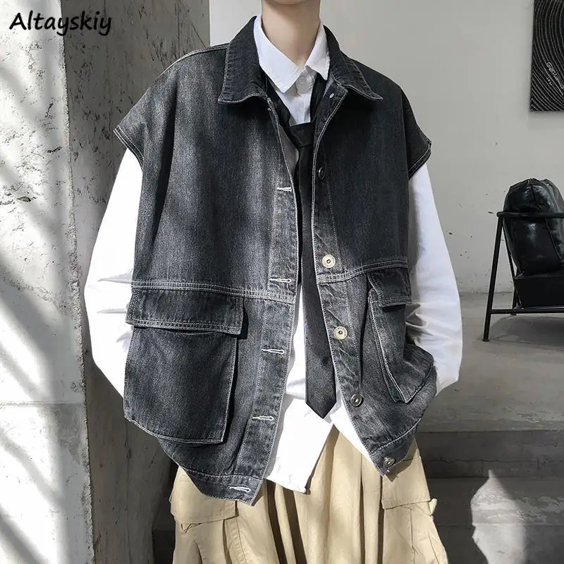 

Waistcoats Women Design Denim Chic Fitting Loosely Outwear College Couple Vintage Unisex Ins Solid Sleeveless Jacket Streetwear