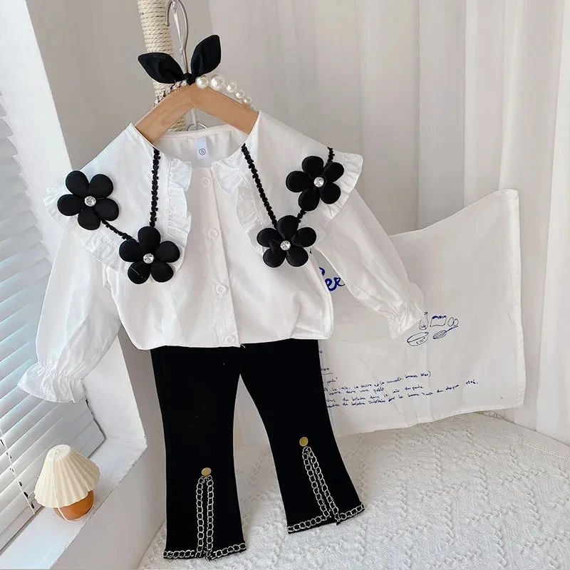 

Kids Girls Clothes Suit White Long Sleeve Shirt Black Bell Bottoms Two-piece Spring Autumn Clothes Suit Girls Baby Set