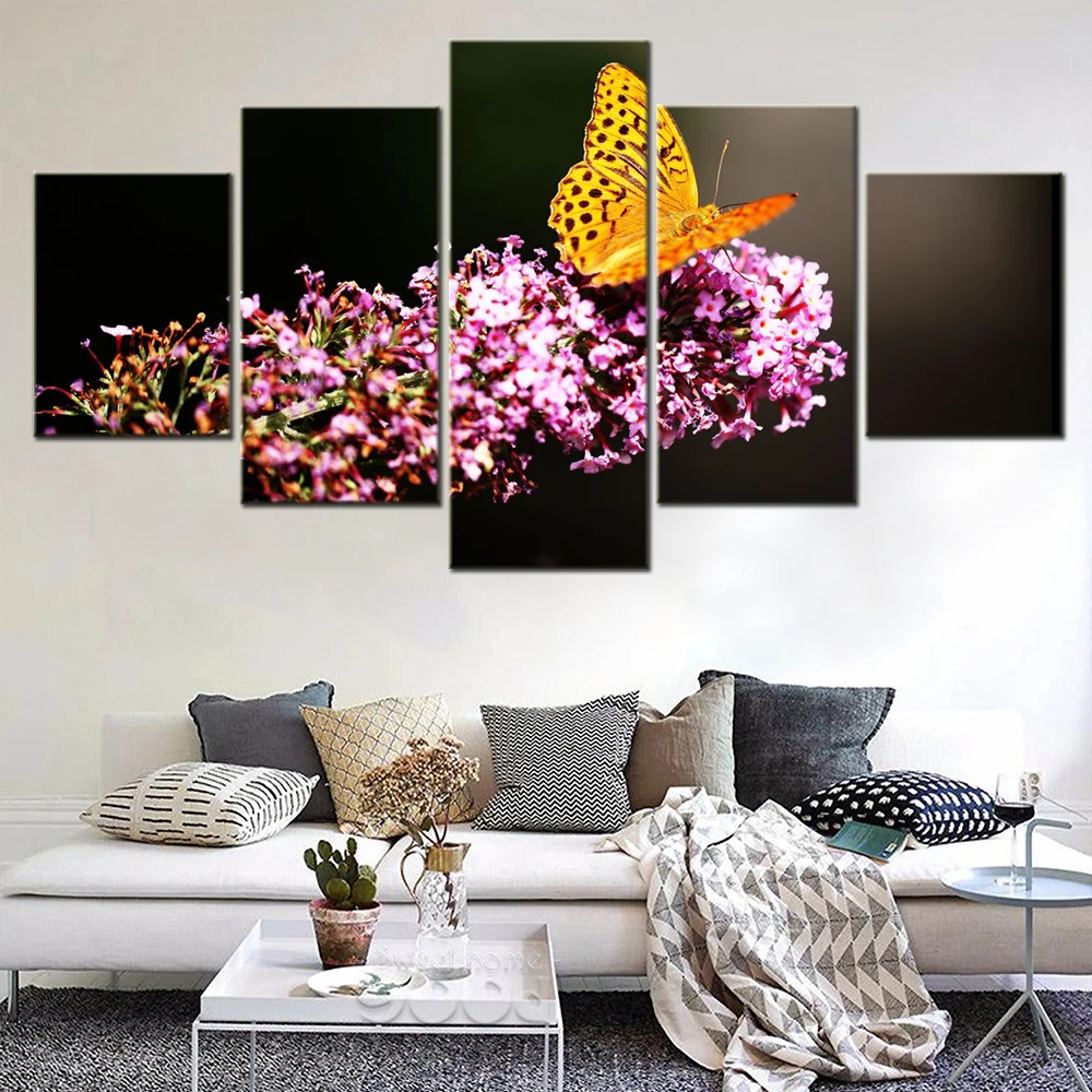 

5 Pieces Flower Picture Canvas Print Animals Fritillaries Butterfly Wallpaper Home Decor Poster Painting Modern Interior Artwork