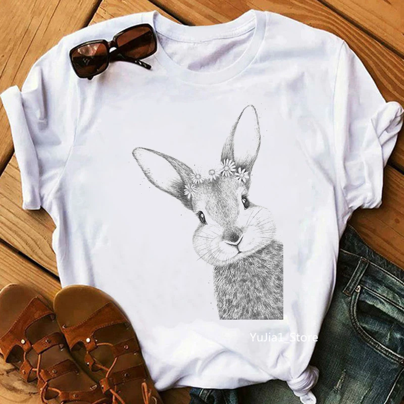 

Sketch Bunny With Pink Flowers Print T-Shirt Women Clothes 2021 Cute Butterfly Tshirt Femme Summer Tops Fashion T Shirt Female