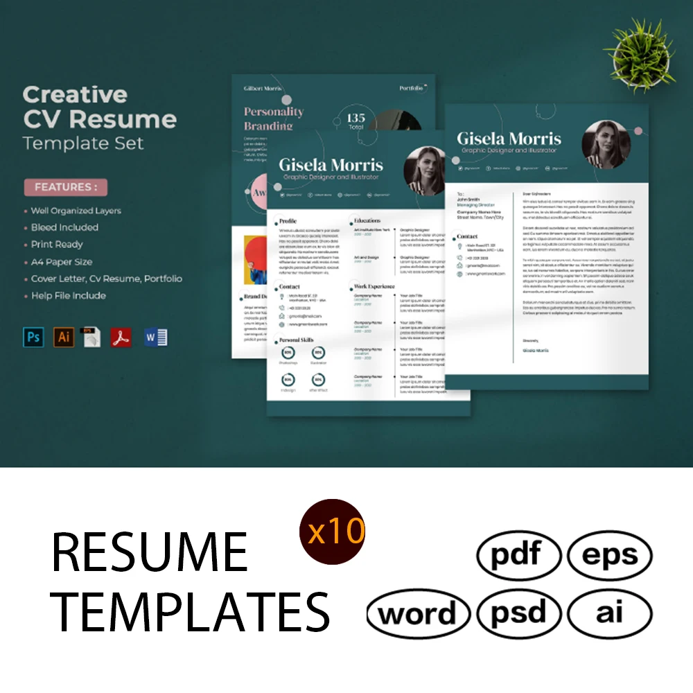 

10 Themes One Page Professional Clean Simple Executive CV Resume Template Word Docx InDesign Idml Photoshop PSD Templates
