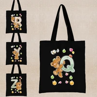 bear letter print shopping bag y2k tote bag reusable shopper bag women canvas shoulder bag eco handbag cartoon shopper cloth bag