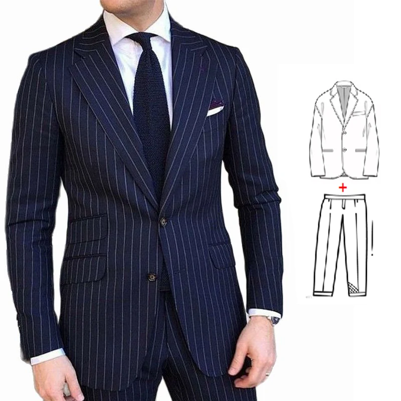 2 Pieces Pinstripe Men's Suit Slim Fit for Formal Wedding Groom Tuxedo Notched Lapel Navy Blue Striped Business Male Fashion
