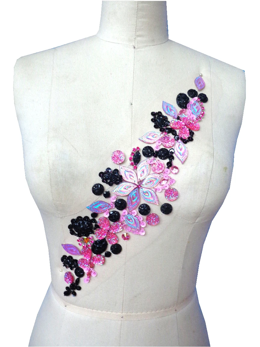 

Нашивки A53 ручной работы с кристаллами, розовые/черные пришивные стразы, отделка, аппликация с камнями, блестками, бусинами, 36*10 см для верхне...