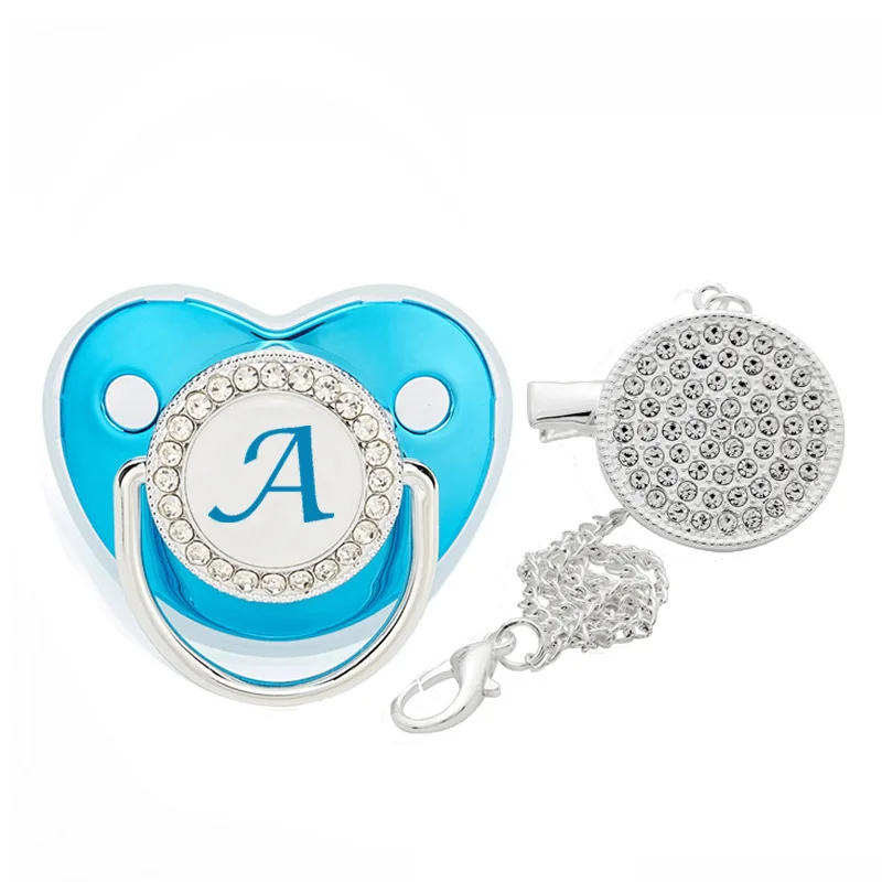 

New 26 Initial Letter Blue Baby Pacifier with Chain Clip Newborn BPA Free Luxury Bling Dummy Soother Chupeta 0-12 Months