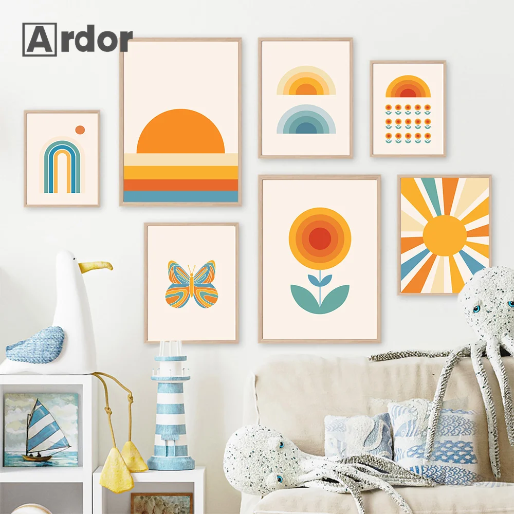 

Boho Geometric Abstract Blue Orange Line Art Print Poster Butterfly Flower Canvas Painting Nordic Wall Picture Living Room Decor