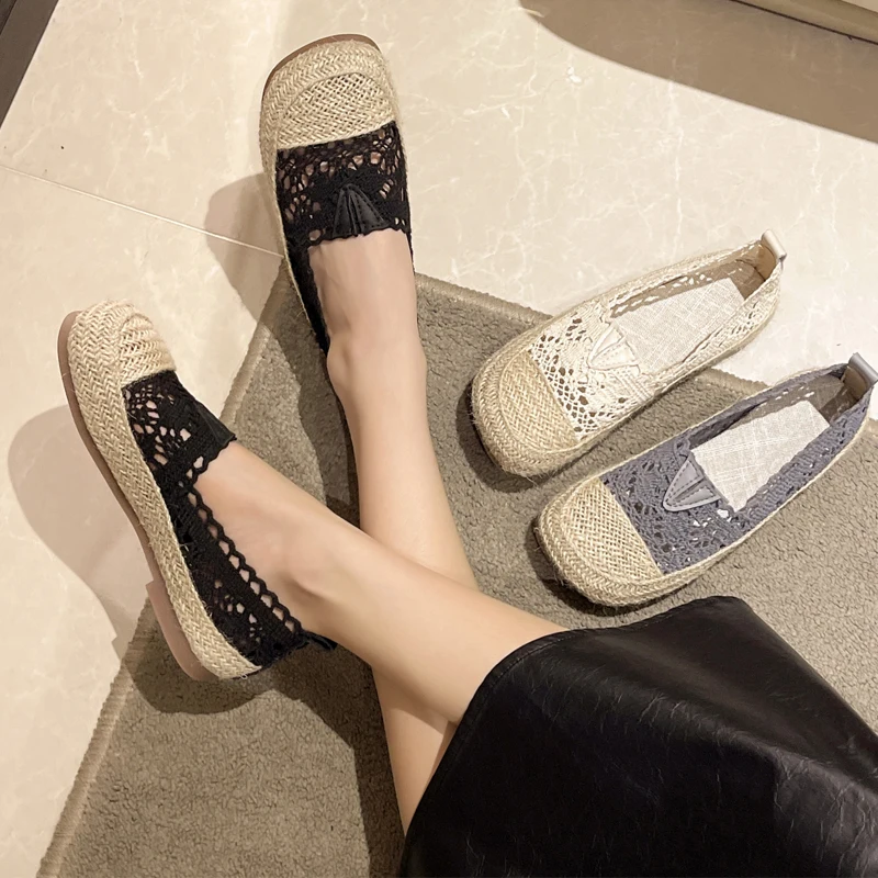 

Балетки женские в стиле ретро, кружевные вязаные крючком, шикарные дышащие, с цветочным рисунком, для рыб и мужчин, широкая посадка