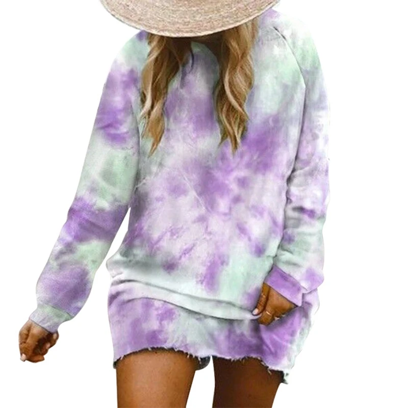

Women Rainbow Tie Dye Print Sweatshirt Dress Long Sleeve O-Neck Mini Dress Loose Straight Dress