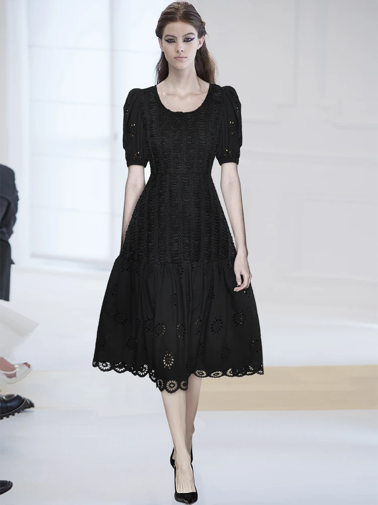 

Short-sleeve Three-dimensional Hollowed out Embroidery Princess Style Black Beige Runway Dress 2023 New Summer