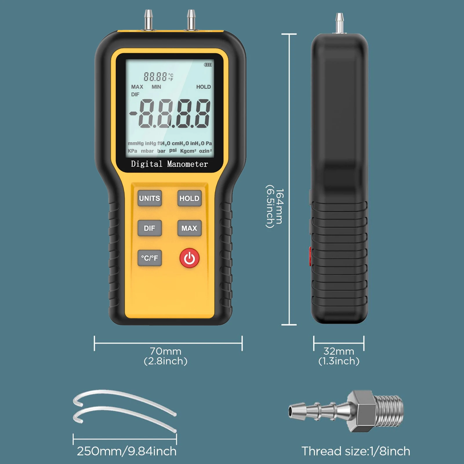Фото Цифровой манометр QK-1201 ±2.999 psi, 15 единиц измерения, дифференциальный измеритель давления, регистратор данных, тестер газа для систем ОВКВ №3